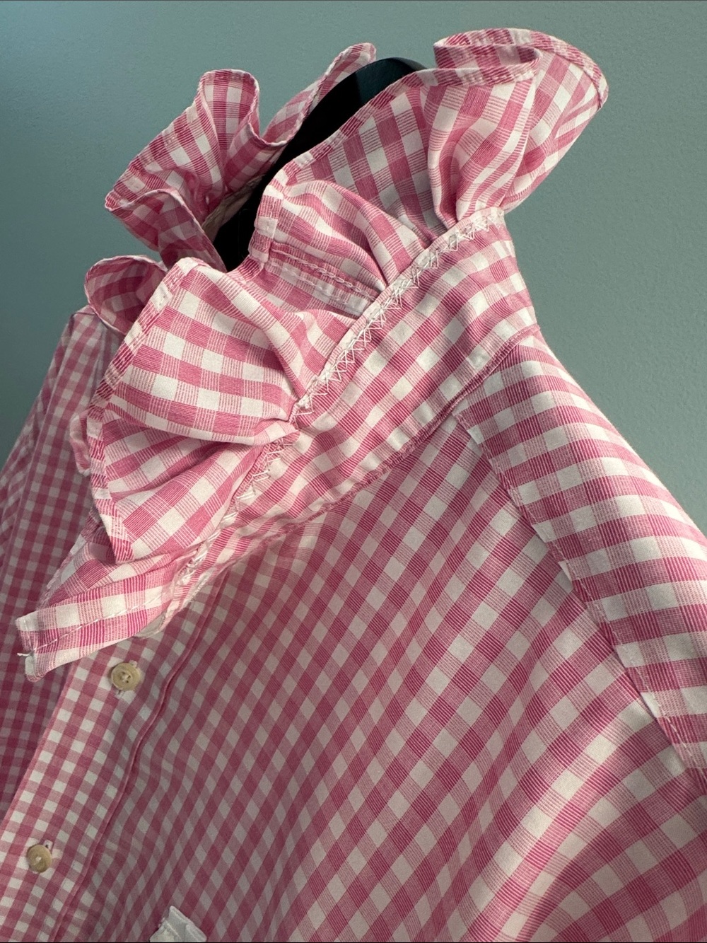Reimagined BrooksBrothers Pink Gingham,Ruffled Collar shirt. - Picture 3 of 10